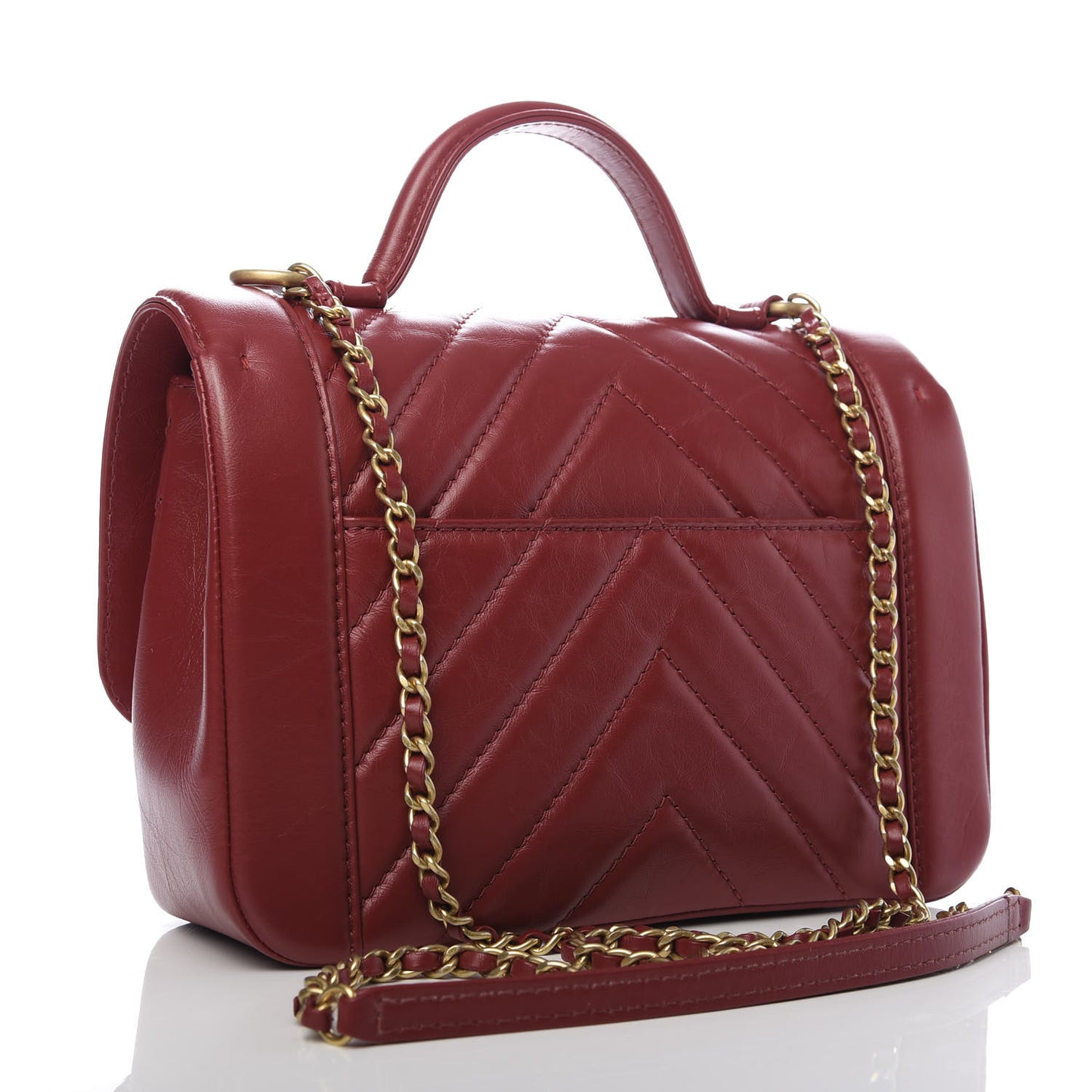 Calfskin Chevron Quilted Top Handle Flap Red