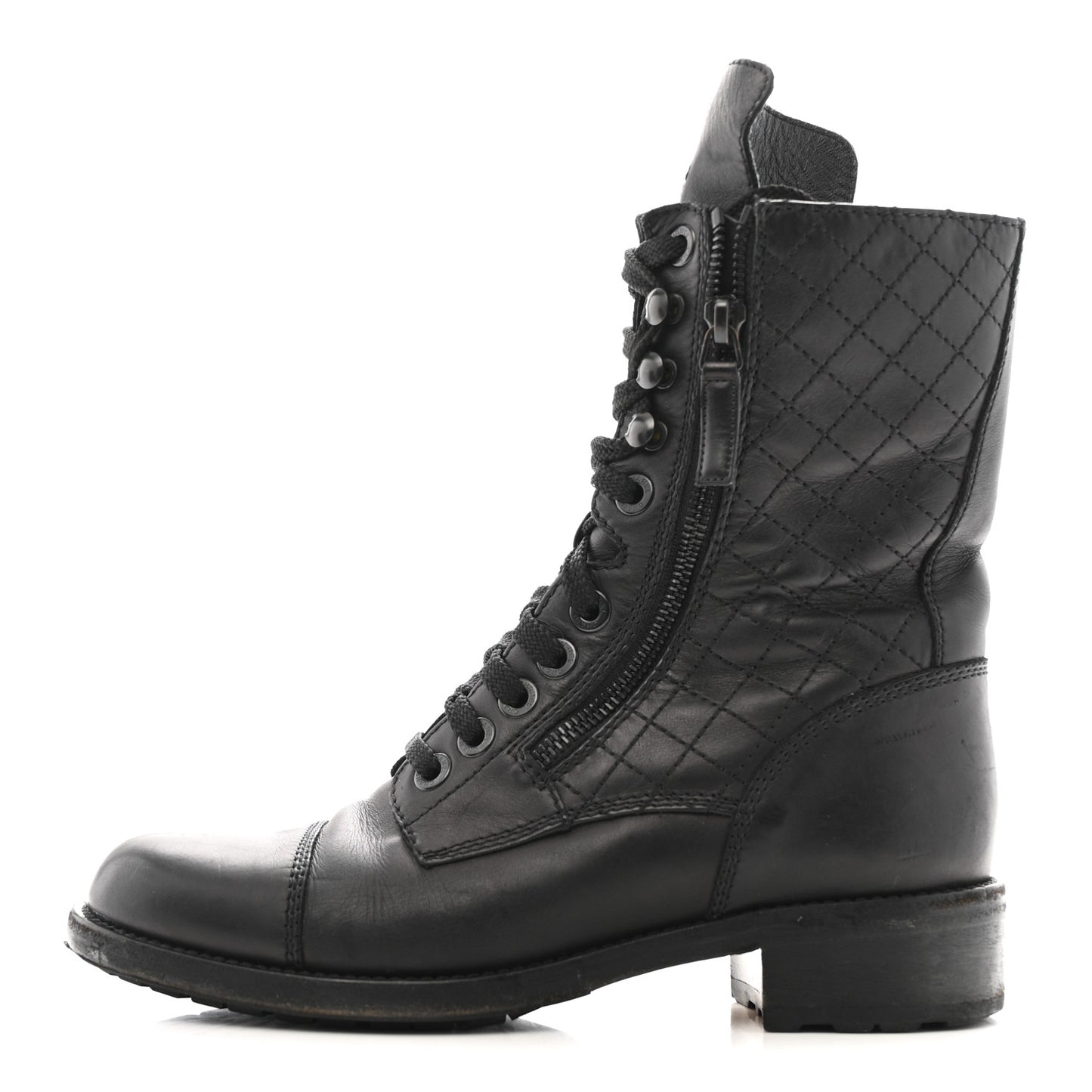 Calfskin Quilted Lace Up Combat Boots  38 Black