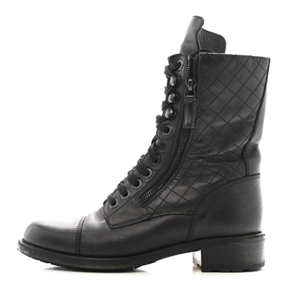 Chanel Calfskin Quilted Lace Up Combat Boots  38 Black 1 of 12