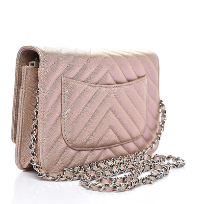 Chanel Metallic Caviar Chevron Quilted Wallet On Chain WOC Light Gold 3 of 14