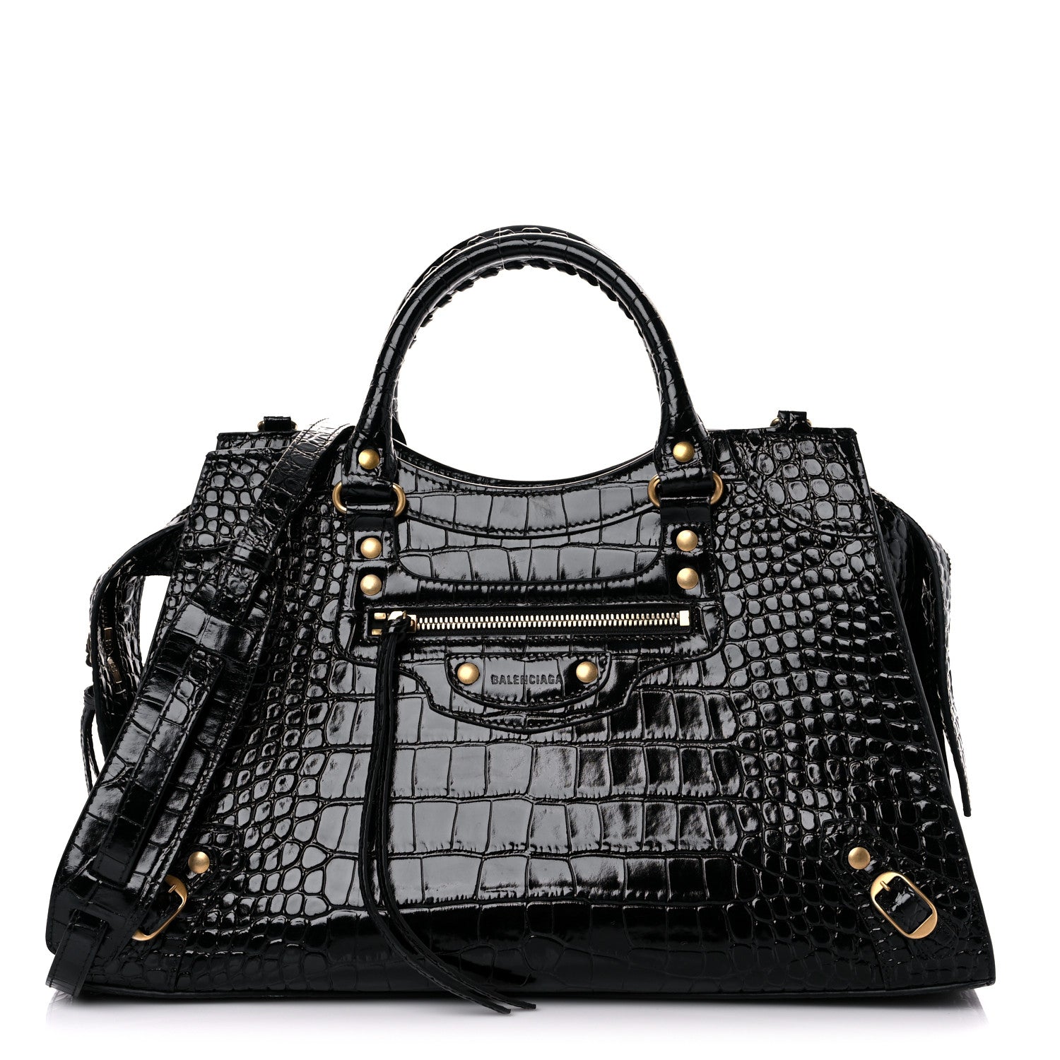Balenciaga Shiny Supple Calfskin Crocodile Embossed Brass Hardware Neo Classic City Black 1 of 10