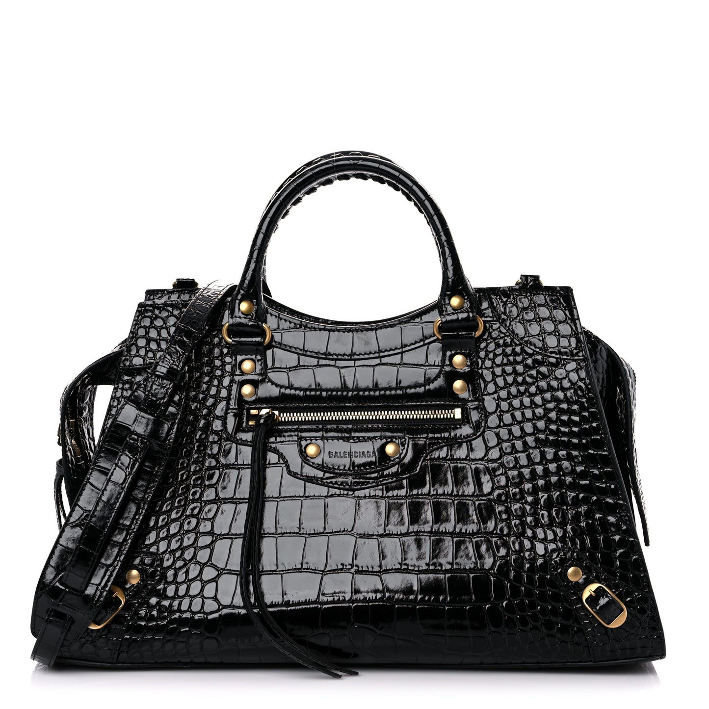 Shiny Supple Calfskin Crocodile Embossed Brass Hardware Neo Classic City Black
