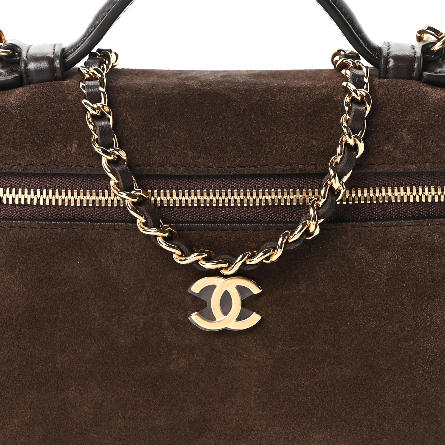Suede Calfskin Top Handle Trapeze Small Vanity Case With Chain Dark Brown
