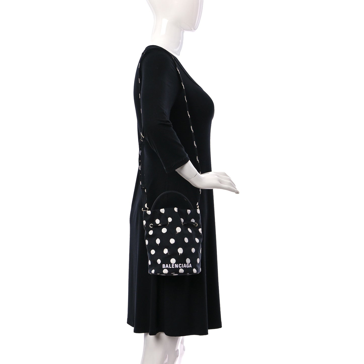 Recycled Sport Nylon Polka Dot Logo Embroidered Wheel Drawstring Bucket Bag Black White
