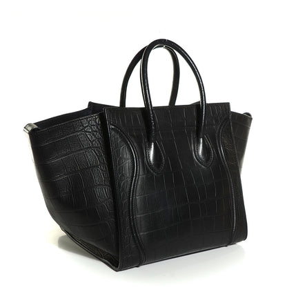 Celine Crocodile Embossed Calfskin Medium Phantom Luggage Black 3 of 7