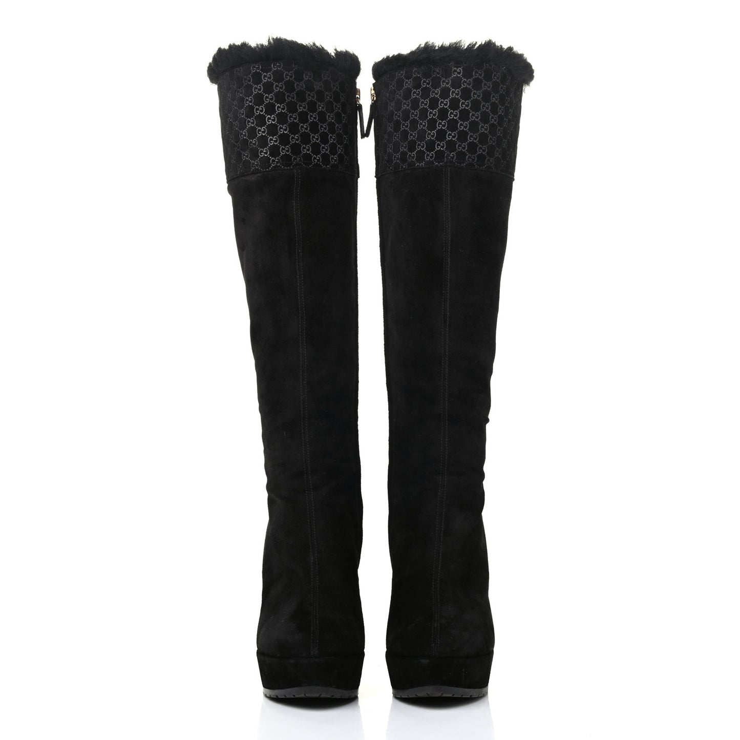 Suede Shearling Fur Microguccissima Courtney Tall Wedge Boots 36 Black