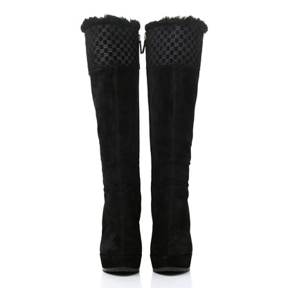 Gucci Suede Shearling Fur Microguccissima Courtney Tall Wedge Boots 36 Black 2 of 11