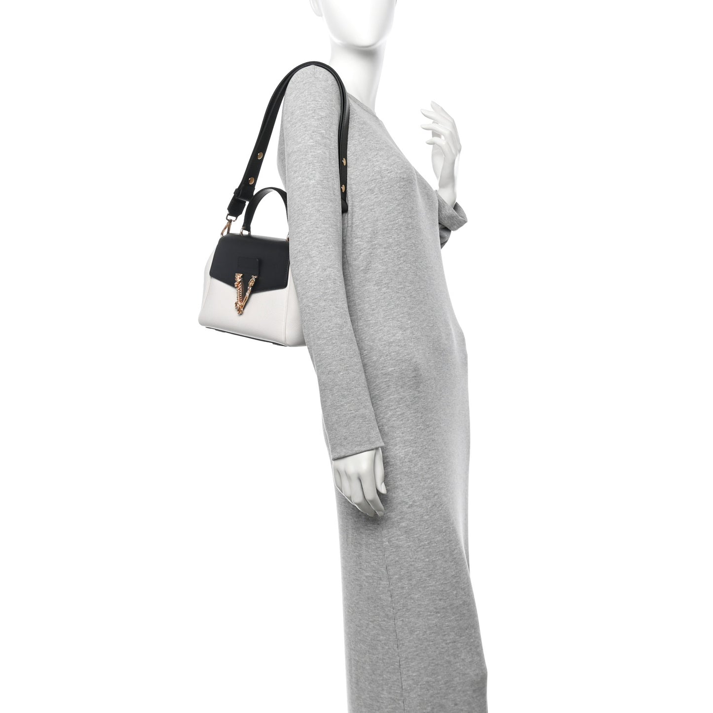 Grainy Calfskin Virtus Small Top Handle Bag White Black