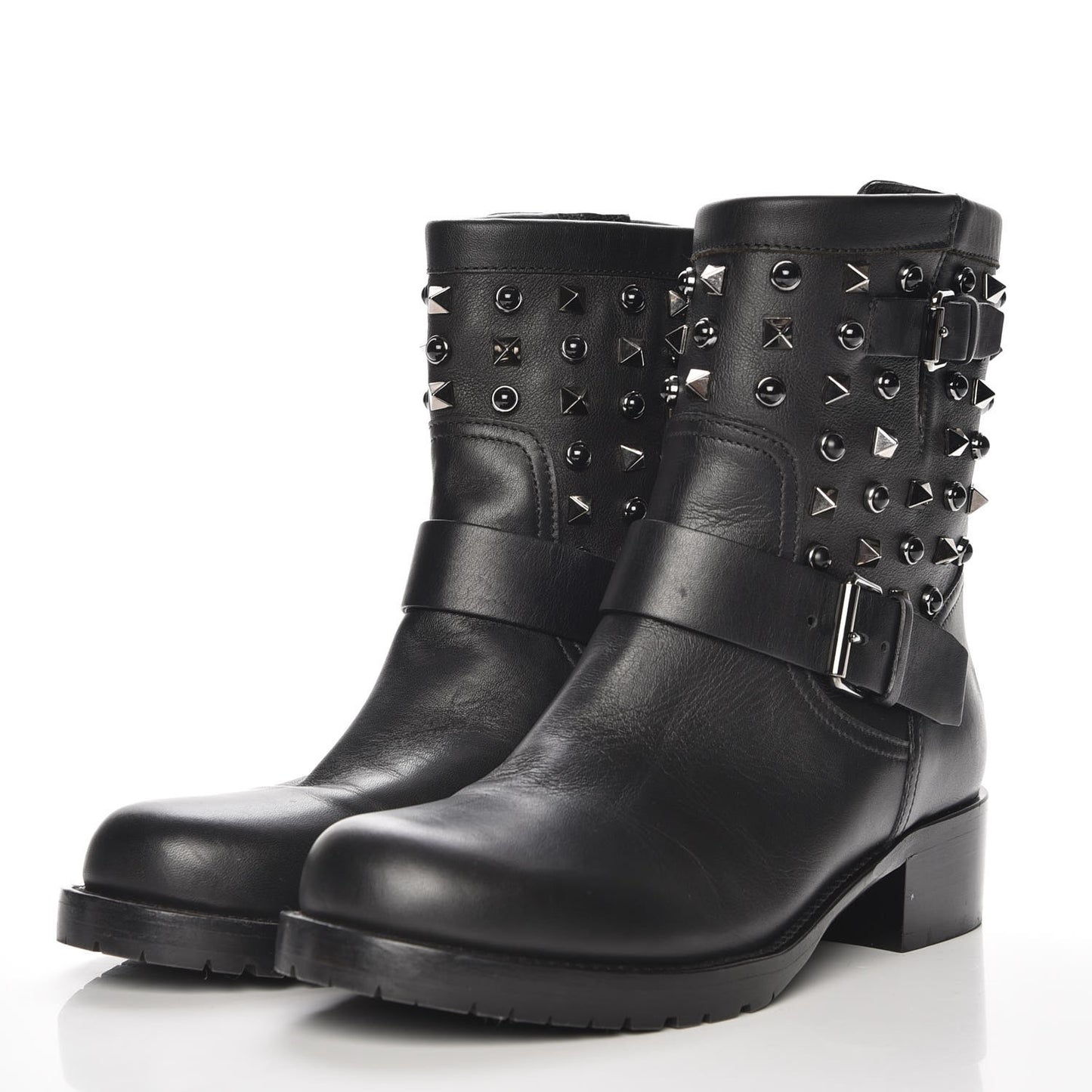 Calfskin Onyx Rockstud Rolling 30mm Biker Boots 37.5 Black