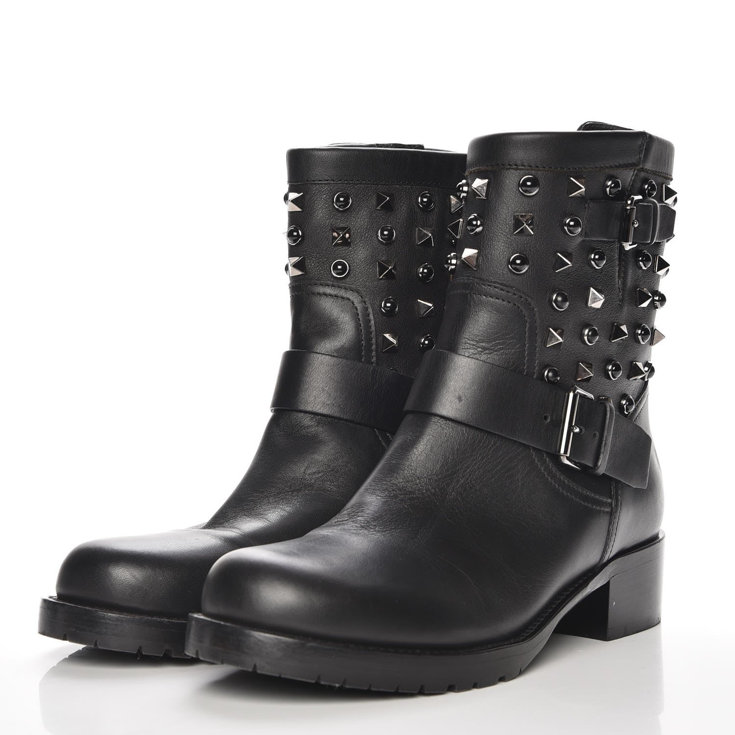 Valentino Garavani Calfskin Onyx Rockstud Rolling 30mm Biker Boots 37.5 Black 3 of 7