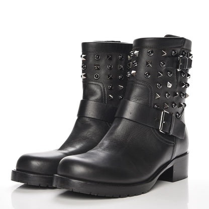 Valentino Garavani Calfskin Onyx Rockstud Rolling 30mm Biker Boots 37.5 Black 3 of 7