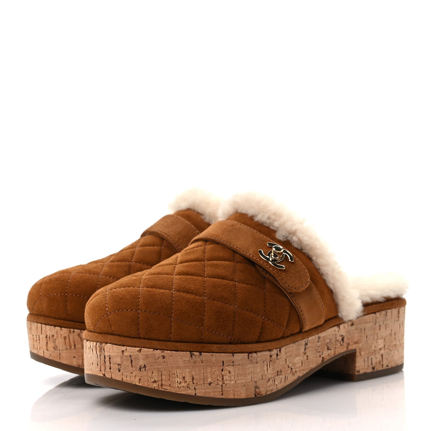 Suede Calfskin Shearling Turn Lock Clogs 36 Brown