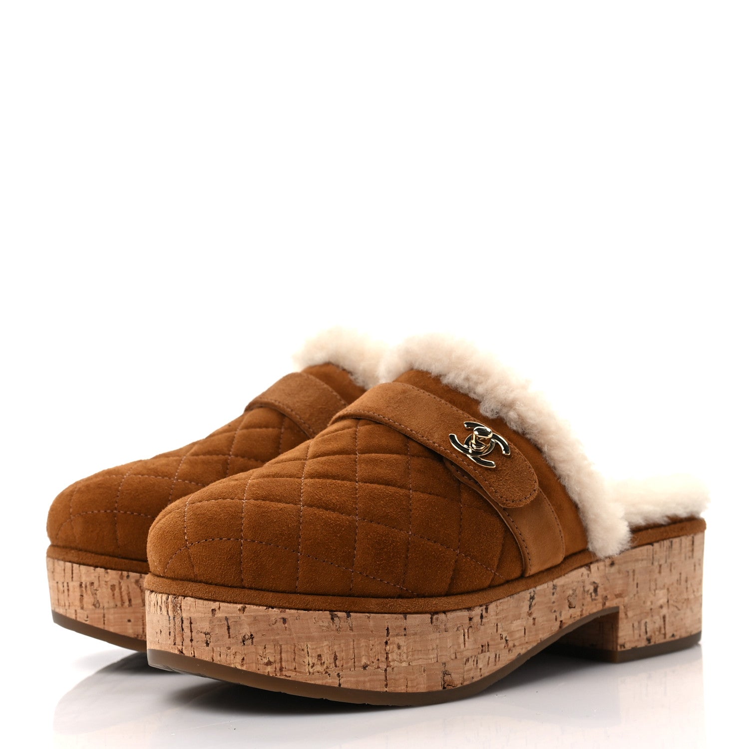 Chanel Suede Calfskin Shearling Turn Lock Clogs 36 Brown 3 of 8