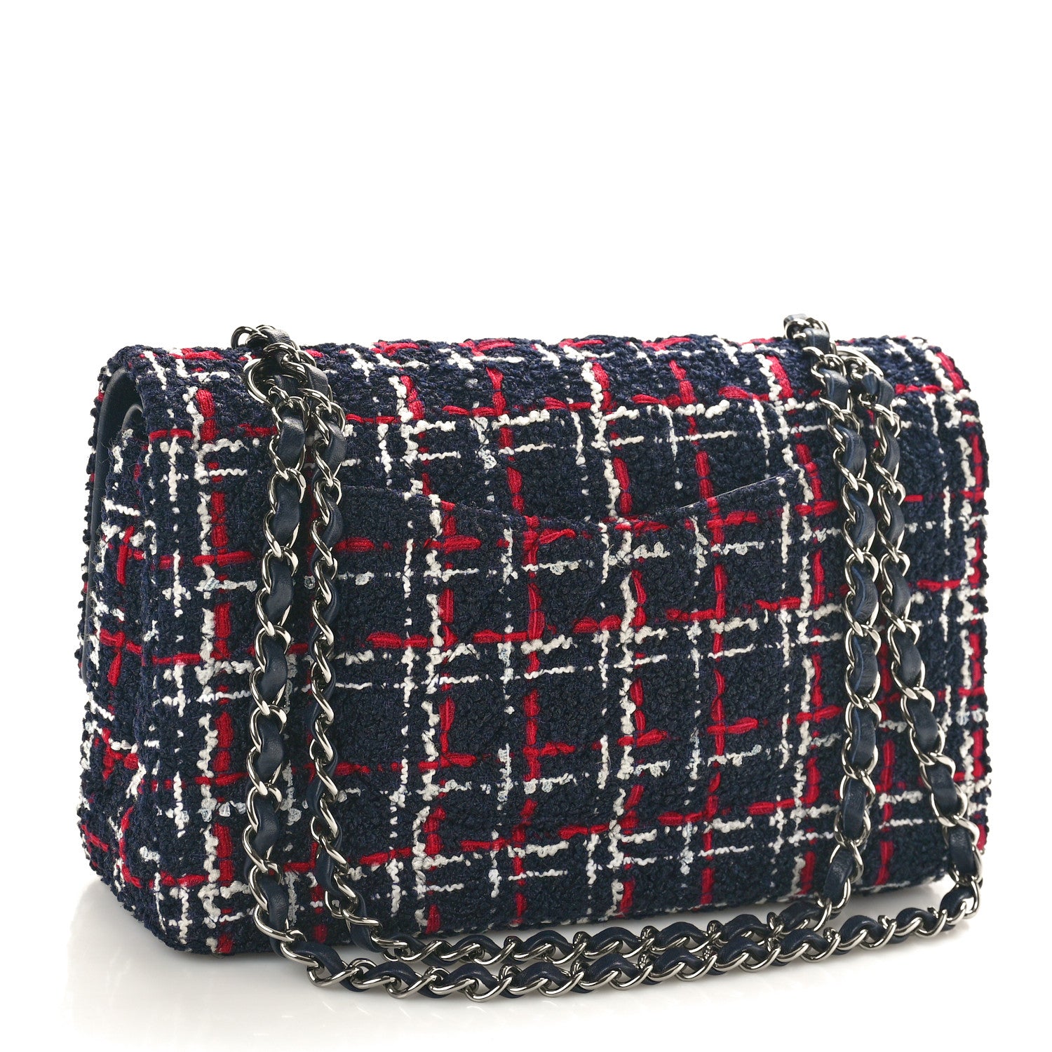 Chanel Tweed Quilted Medium Double Flap Navy White Red 2 of 10