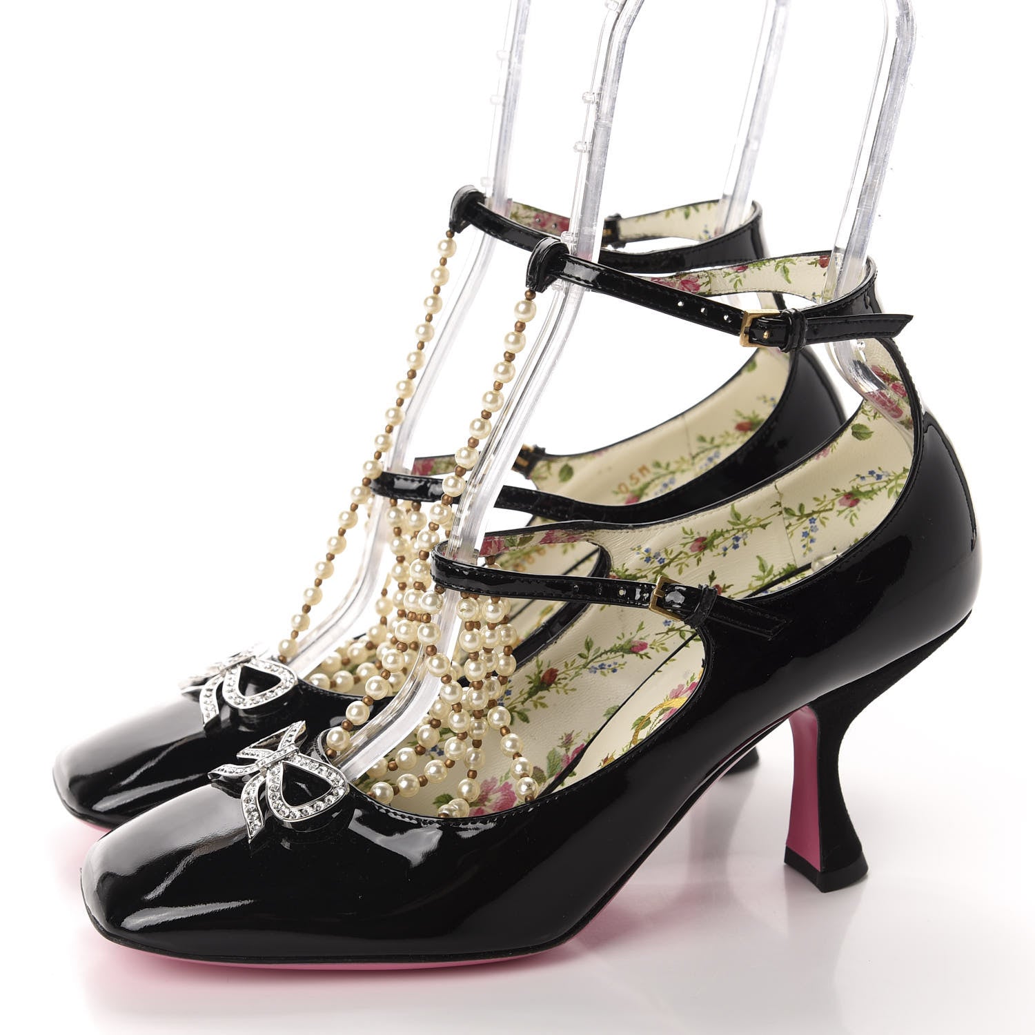 Gucci Patent Pearl Taide T-Strap Mid Heel Pumps 38 Black 3 of 10