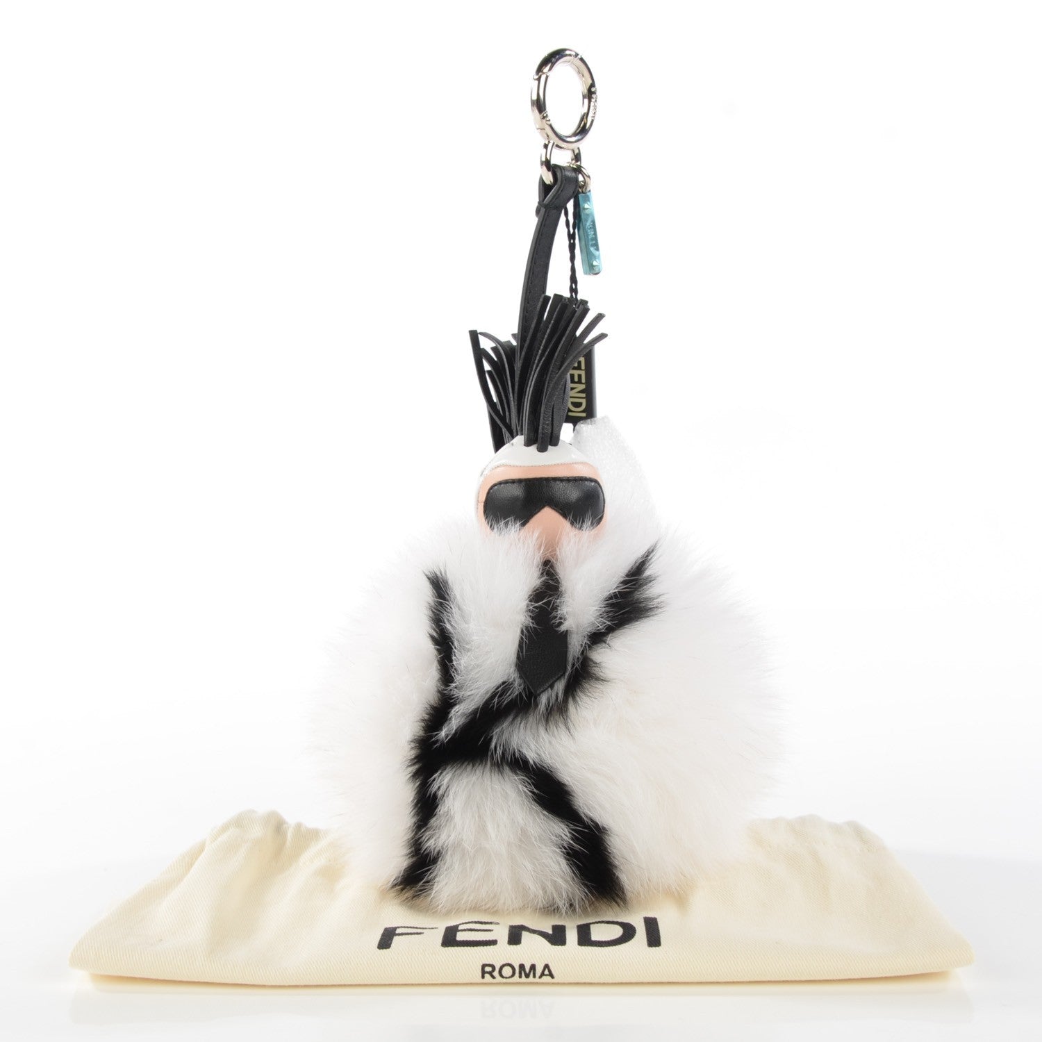 Fendi Lambskin Fox Fur Super Karlito Pom Pom Bag Charm Black White 3 of 5