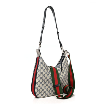 Gucci GG Supreme Monogram Textured Calfskin Web Large Attache Shoulder Bag Beige Blue 3 of 9