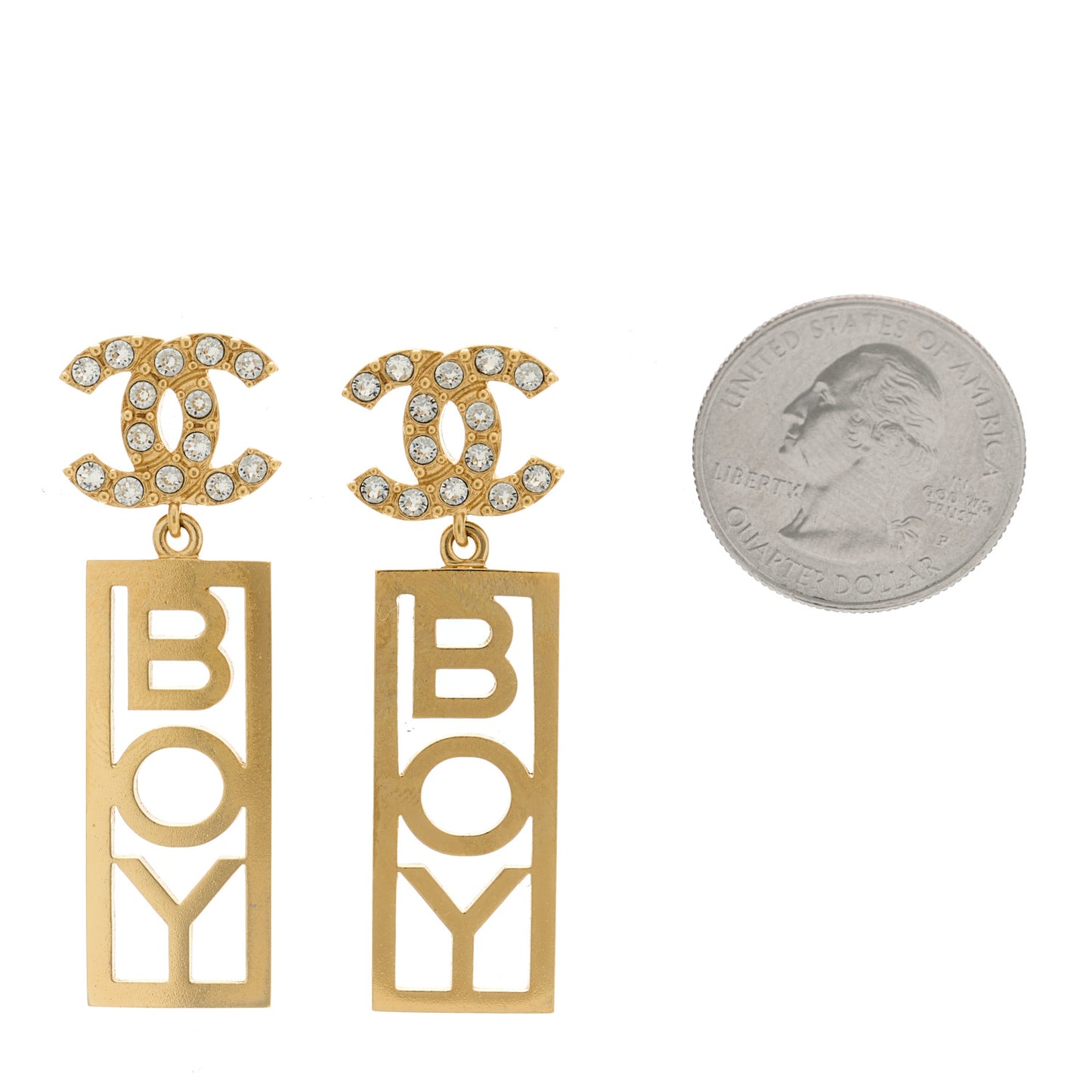 Metal Crystal CC Boy Drop Earrings Gold