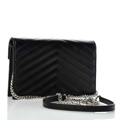 Saint Laurent Grain De Poudre Matelasse Chevron Monogram Envelope Chain Wallet Black 3 of 9