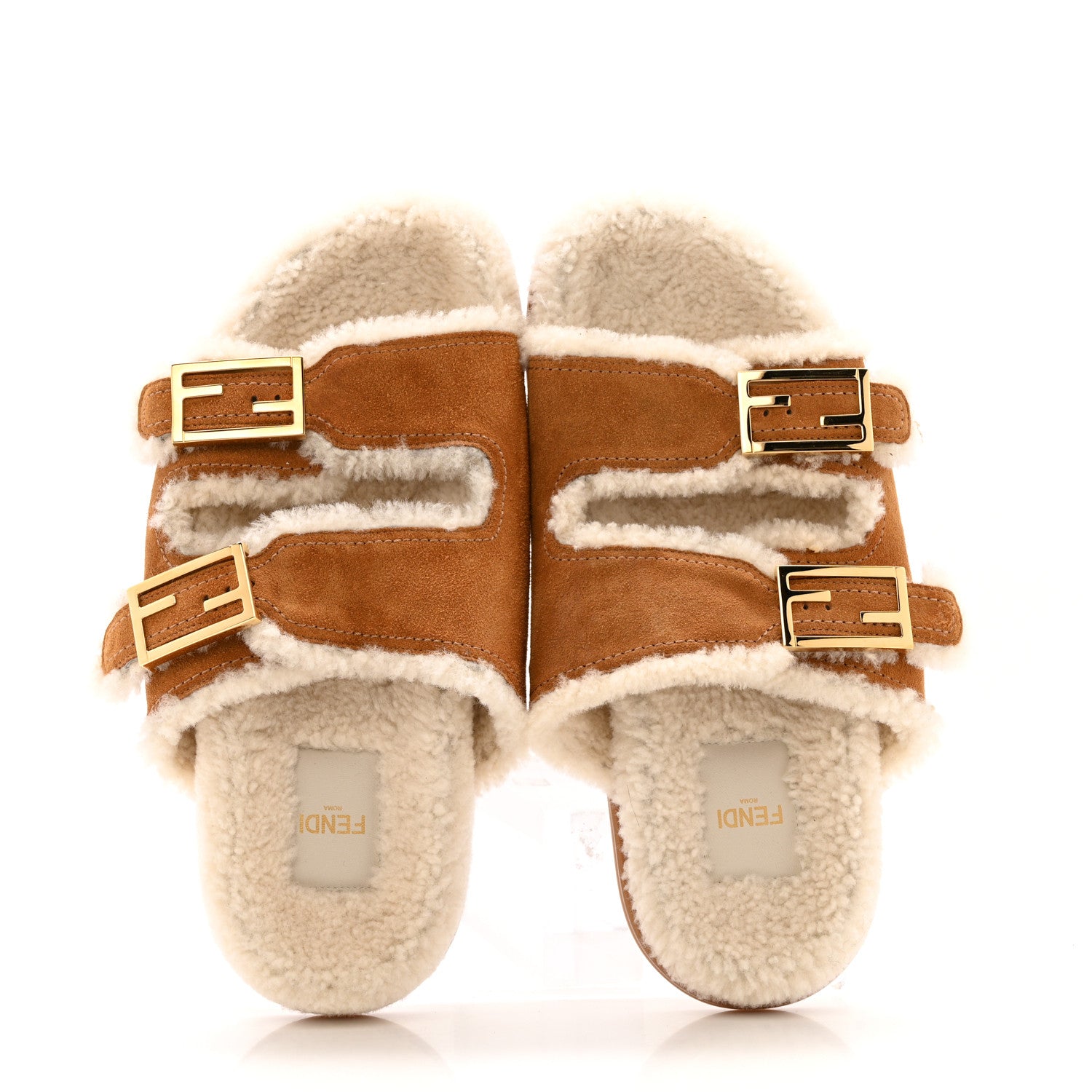 Fendi Suede Shearling Fendi Feel Buckled Slide Sandals 40 Beige Latte 2 of 10