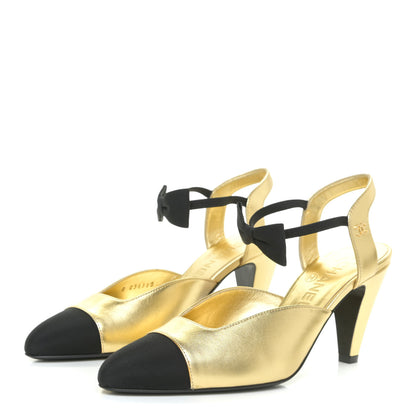 Chanel Laminated Lambskin Grosgrain Cap Toe CC Pumps 36 Gold Black 3 of 14