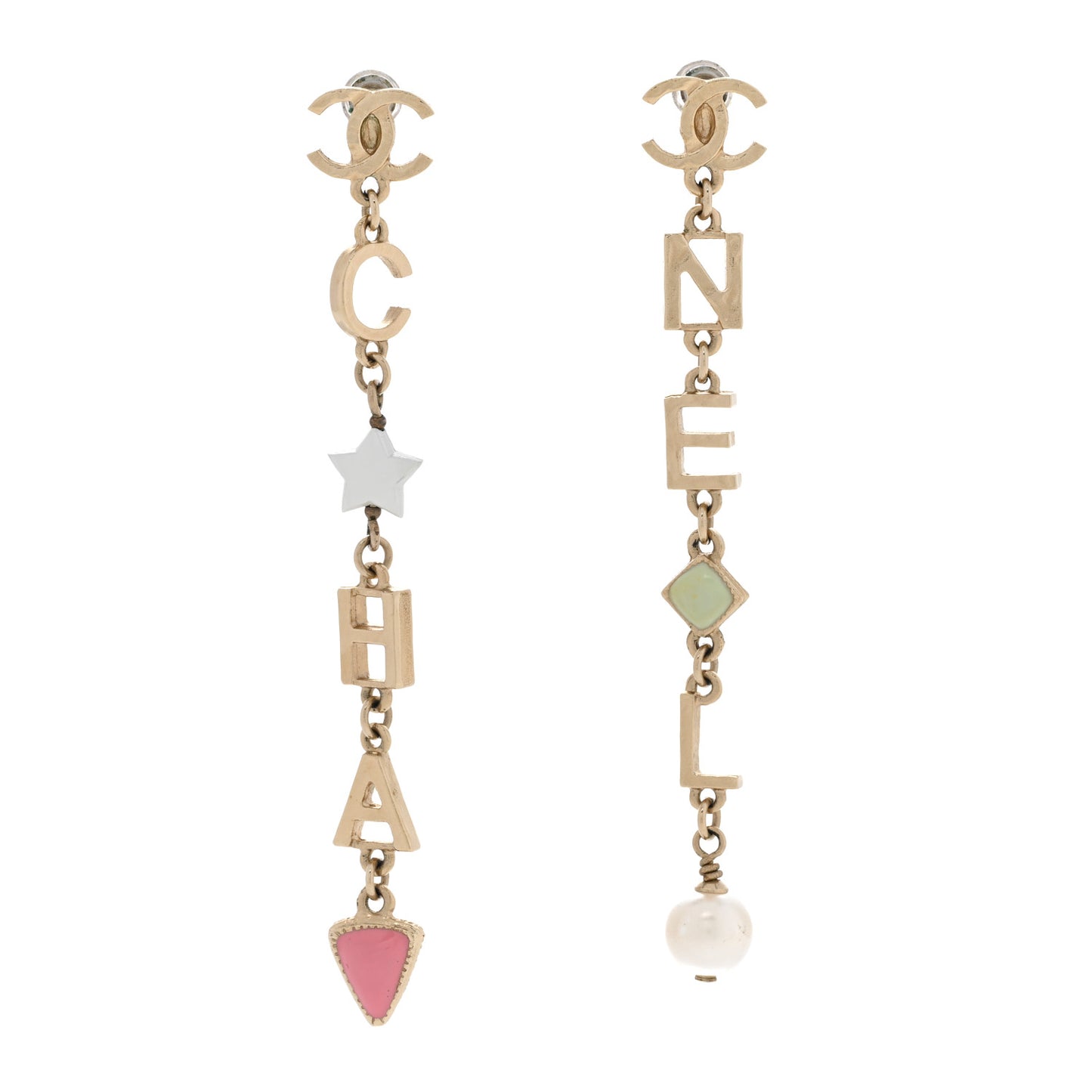 Resin Pearl Beaded Star Heart CC Logo Drop Earrings Gold Pink Multicolor