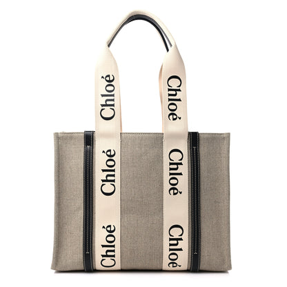 Chloe Linen Calfskin Medium Woody Ribbon Tote White Blue 1 of 8
