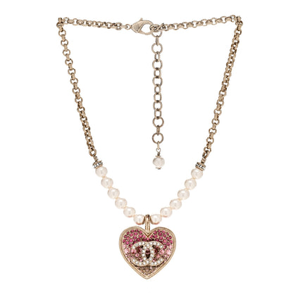 Chanel Pearl Crystal Resin CC Heart Short Necklace Pink Gold White 3 of 7