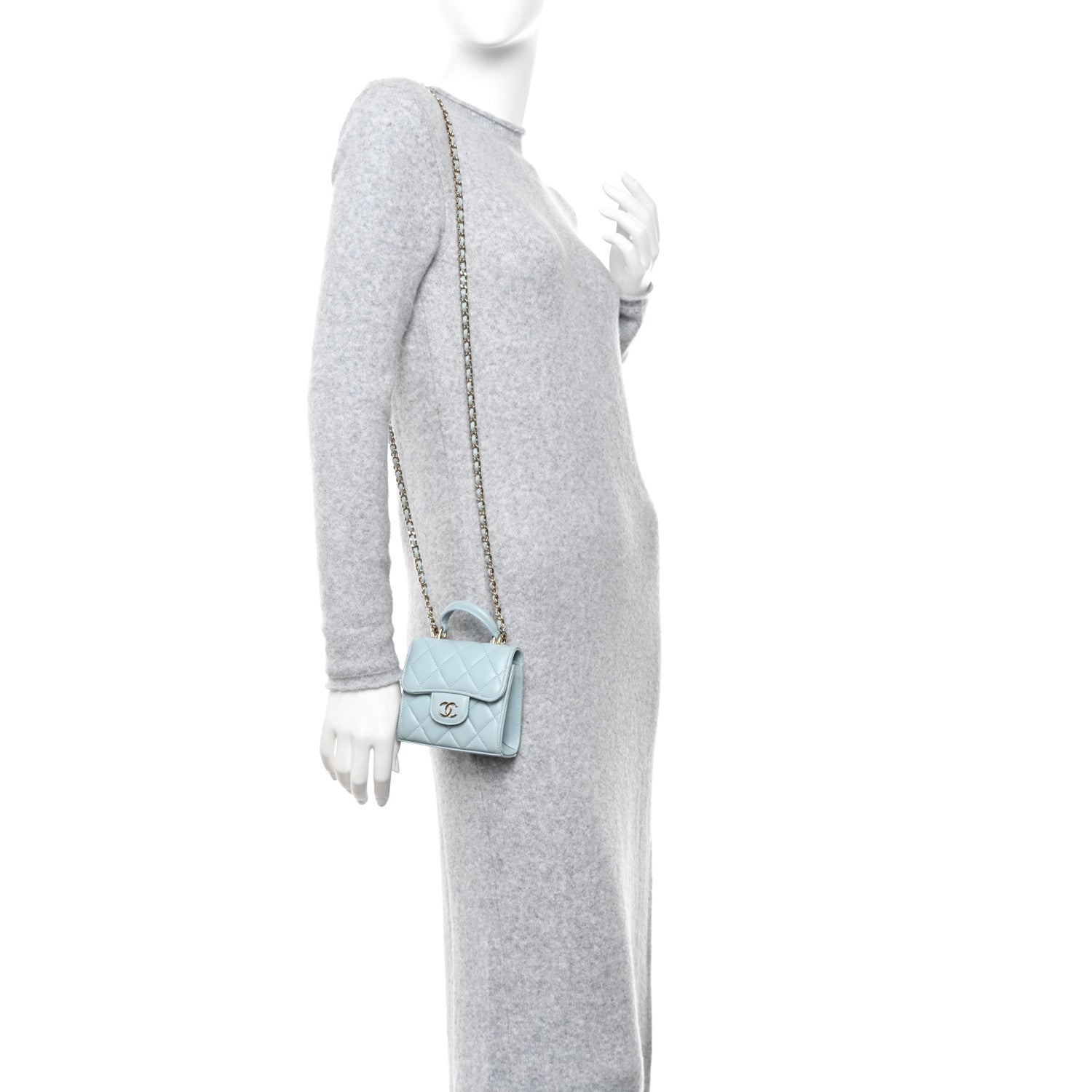 Chanel Lambskin Quilted Top Handle Flap Clutch With Chain Light Blue 2 of 13