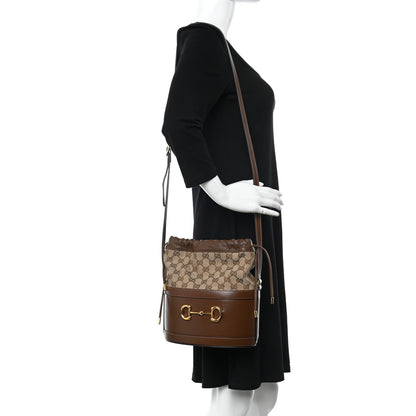 Gucci Monogram Textured Calfskin Horsebit 1955 Drawstring Bucket Bag Beige Brown Sugar 2 of 12