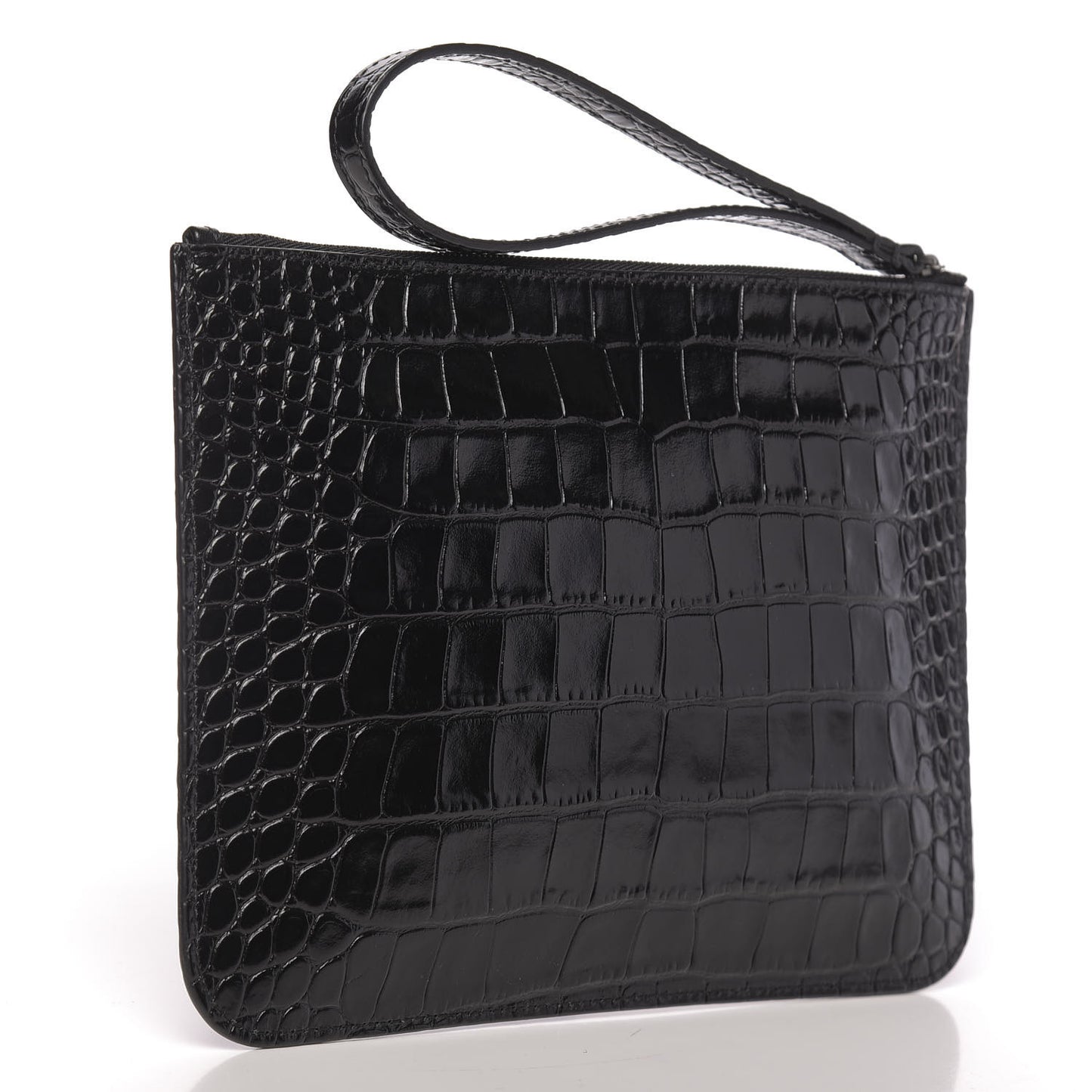 Extra Supple Calfskin Monochrome Crocodile Embossed BB Wristlet Pouch Black