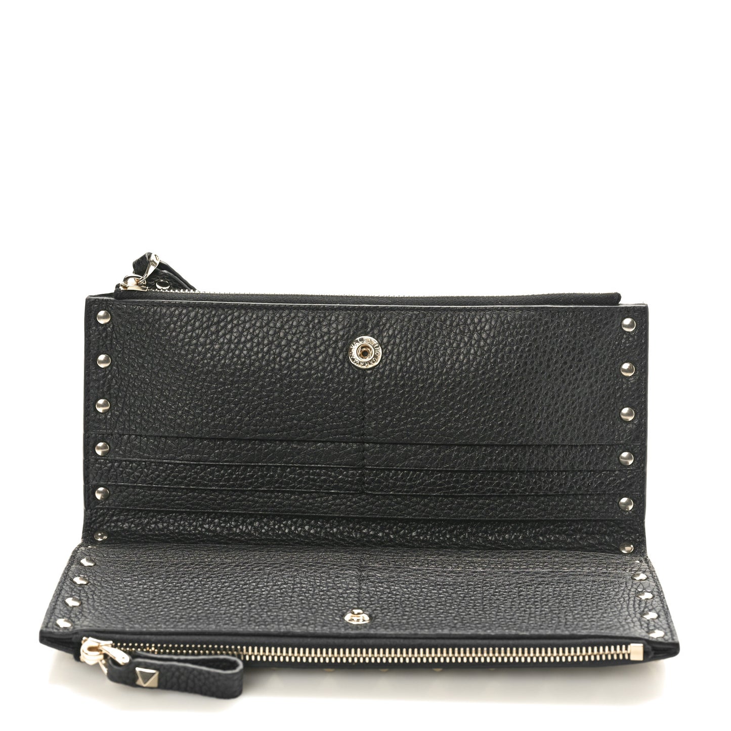 Pebbled Calfskin Rockstud Fold Zip Wallet Black