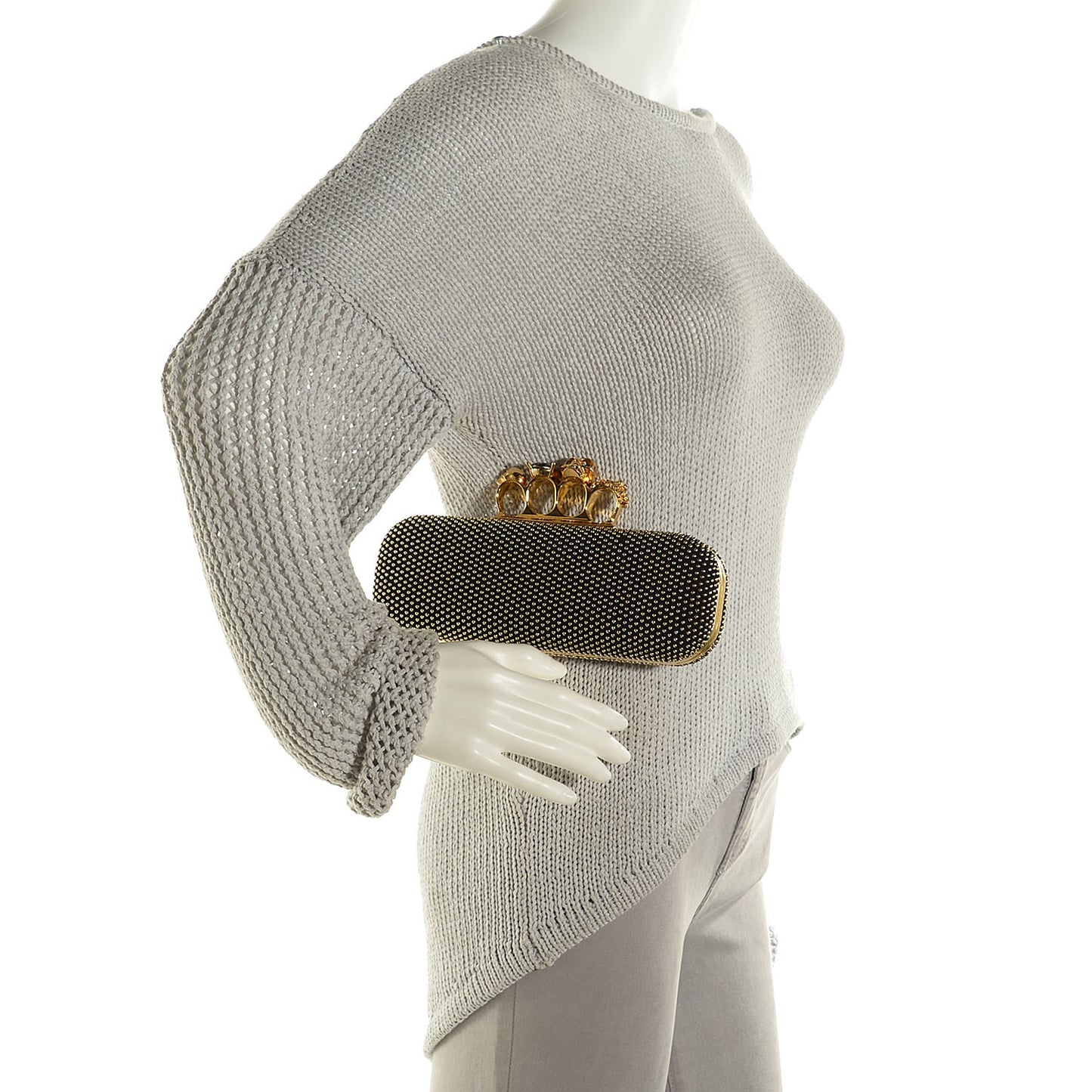 Calfskin Studded Skull Knuckle Box Clutch Black