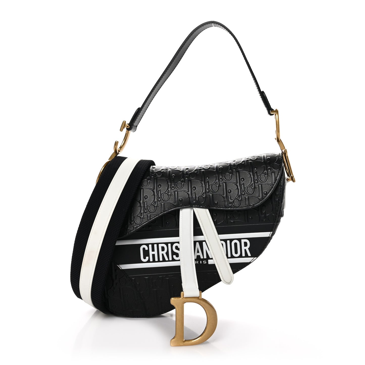 CHRISTIAN DIOR Calfskin Embossed Oblique Vibe Saddle Bag With Strap Black White