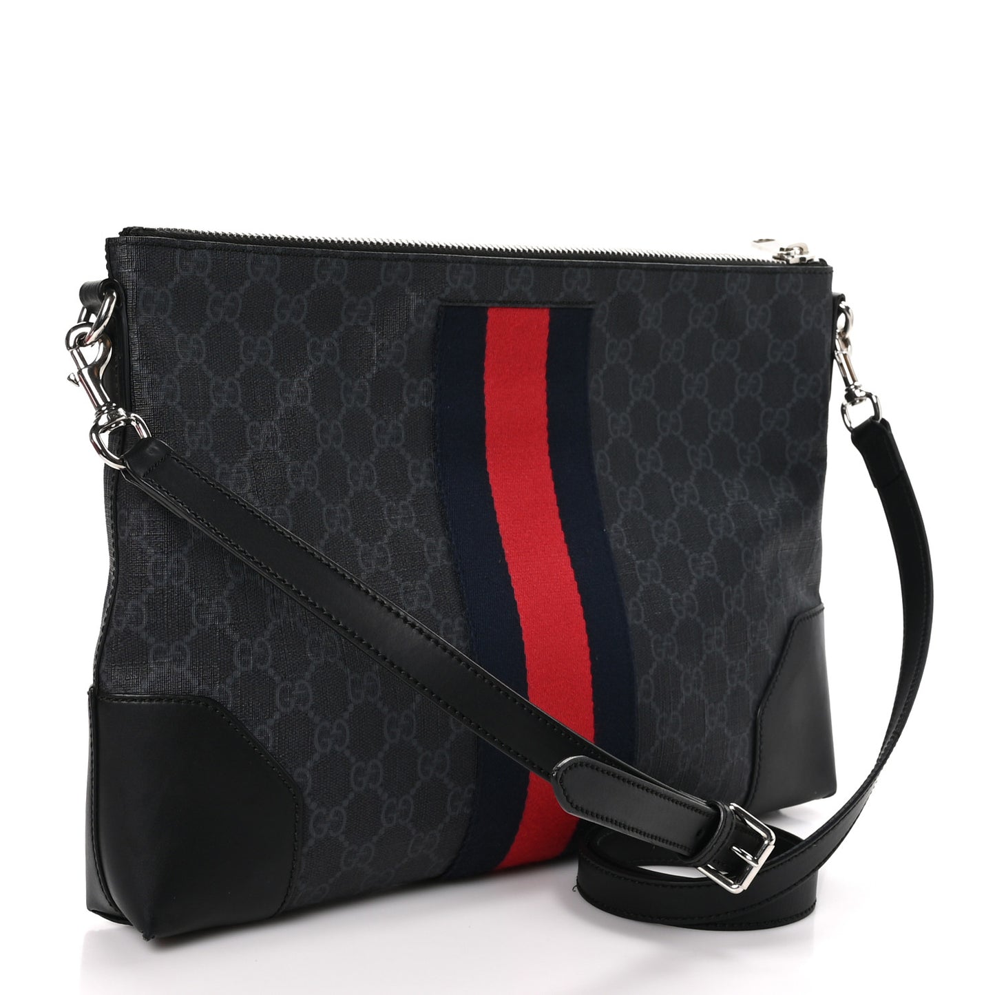 Soft GG Supreme Monogram Appia Calfskin Web East West Messenger Bag Black Grey