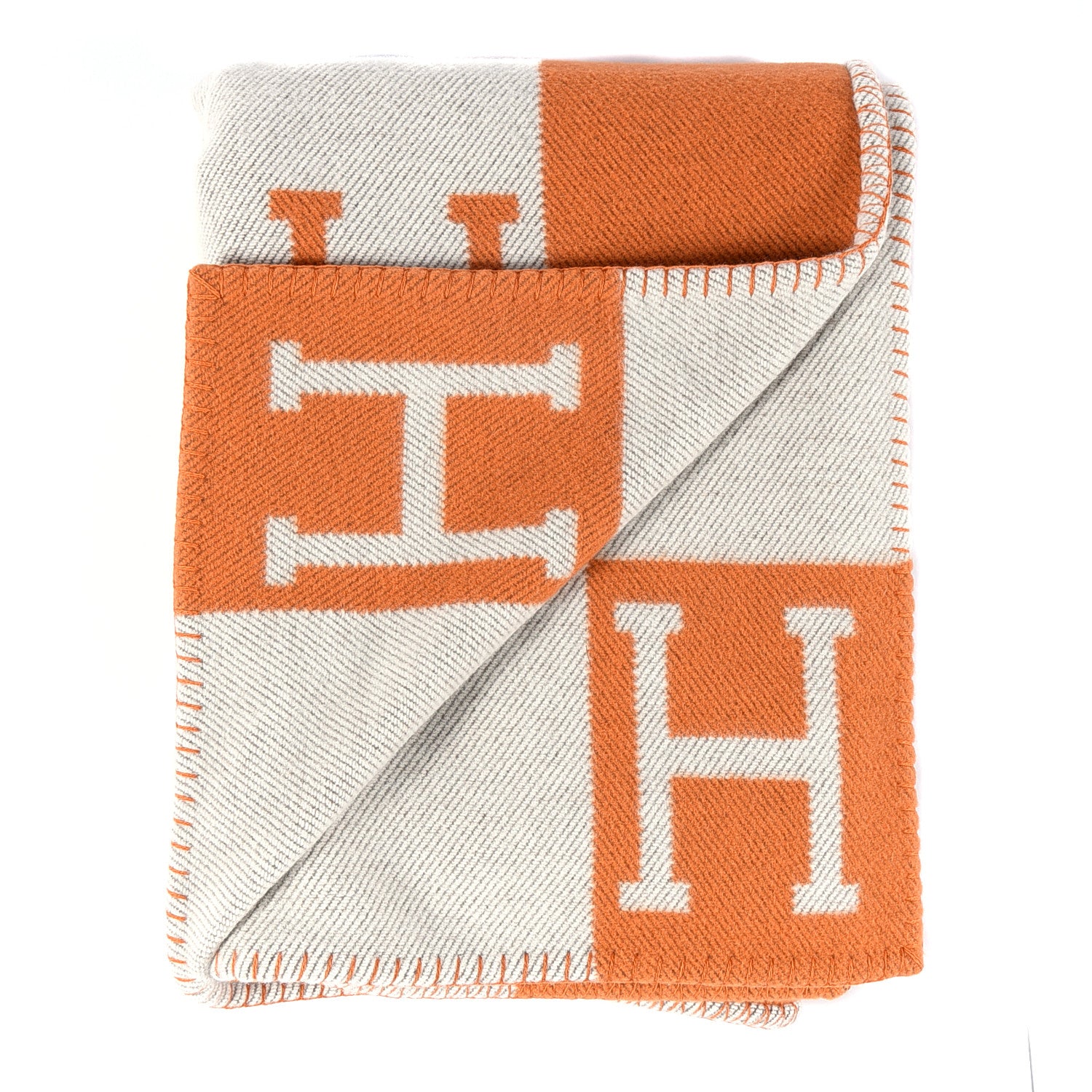 Hermes Wool Cashmere Signature Classic Avalon Blanket Ecru Potiron 2 of 3