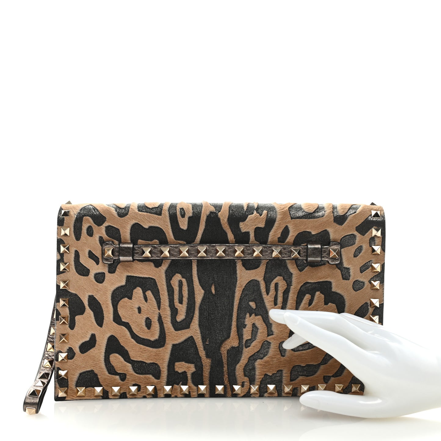 Calf Hair Leopard Print Rockstud Clutch Flap Blush