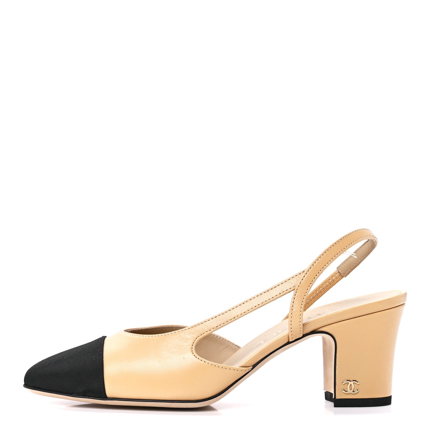 Chanel Lambskin Grosgrain Cap Toe CC Slingback Pumps 36.5 Beige Black 1 of 10