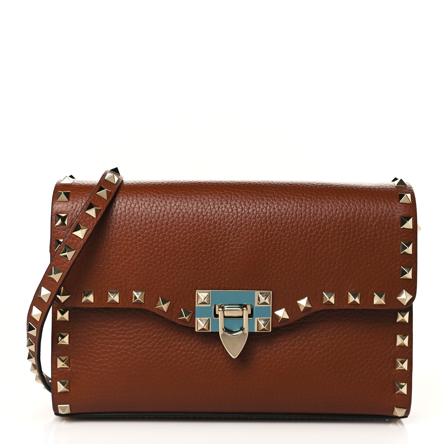 Valentino Garavani Pebbled Calfskin Medium Rockstud Flip Lock Crossbody Bag Saddle Brown 1 of 10