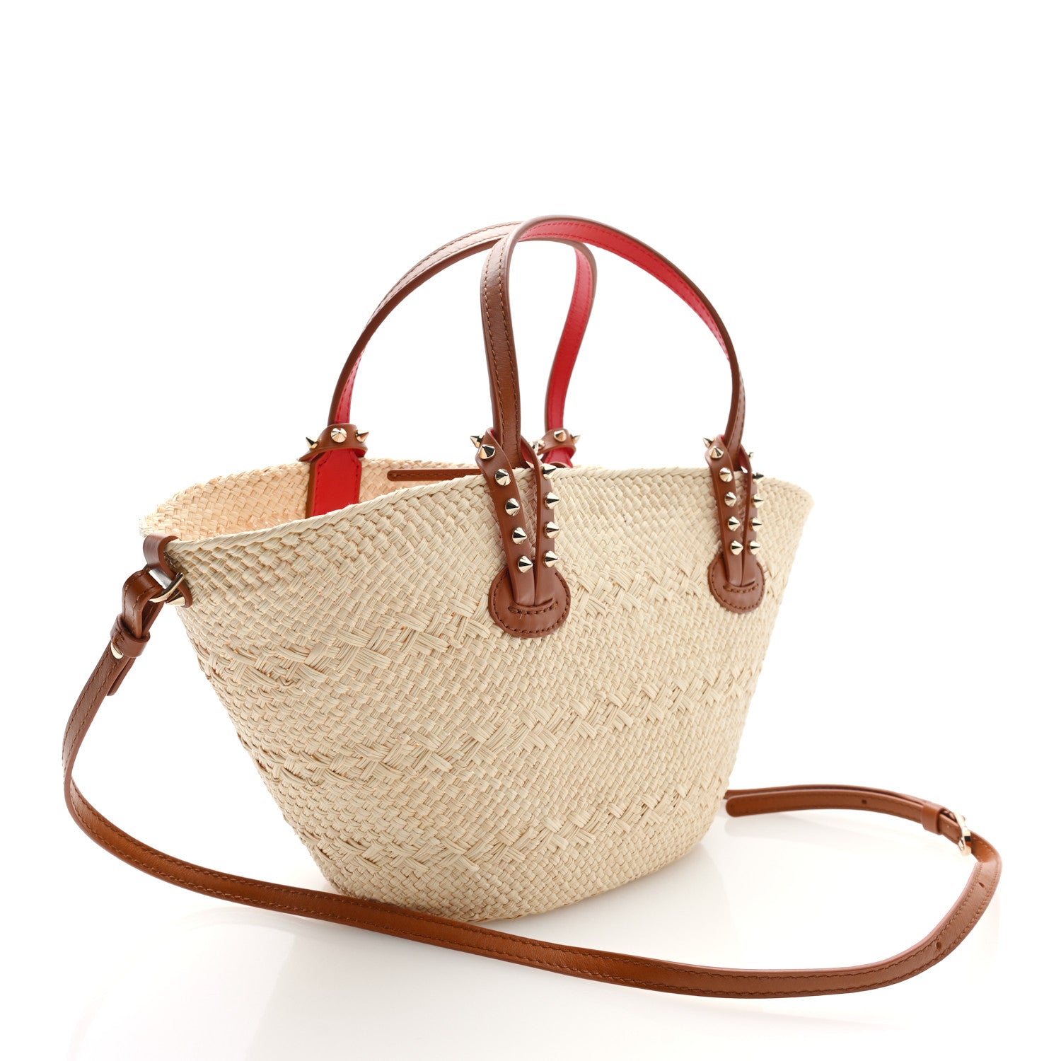 Christian Louboutin Calfskin Raffia Mini Cabata Tote Natural Cuoio
