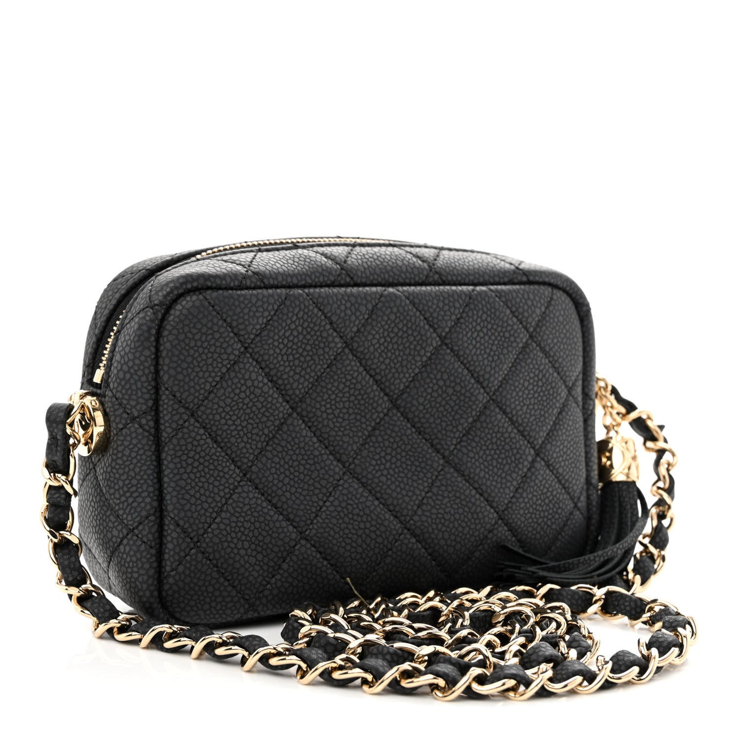 Iridescent Caviar Quilted Mini Coco Tassel Camera Case Black