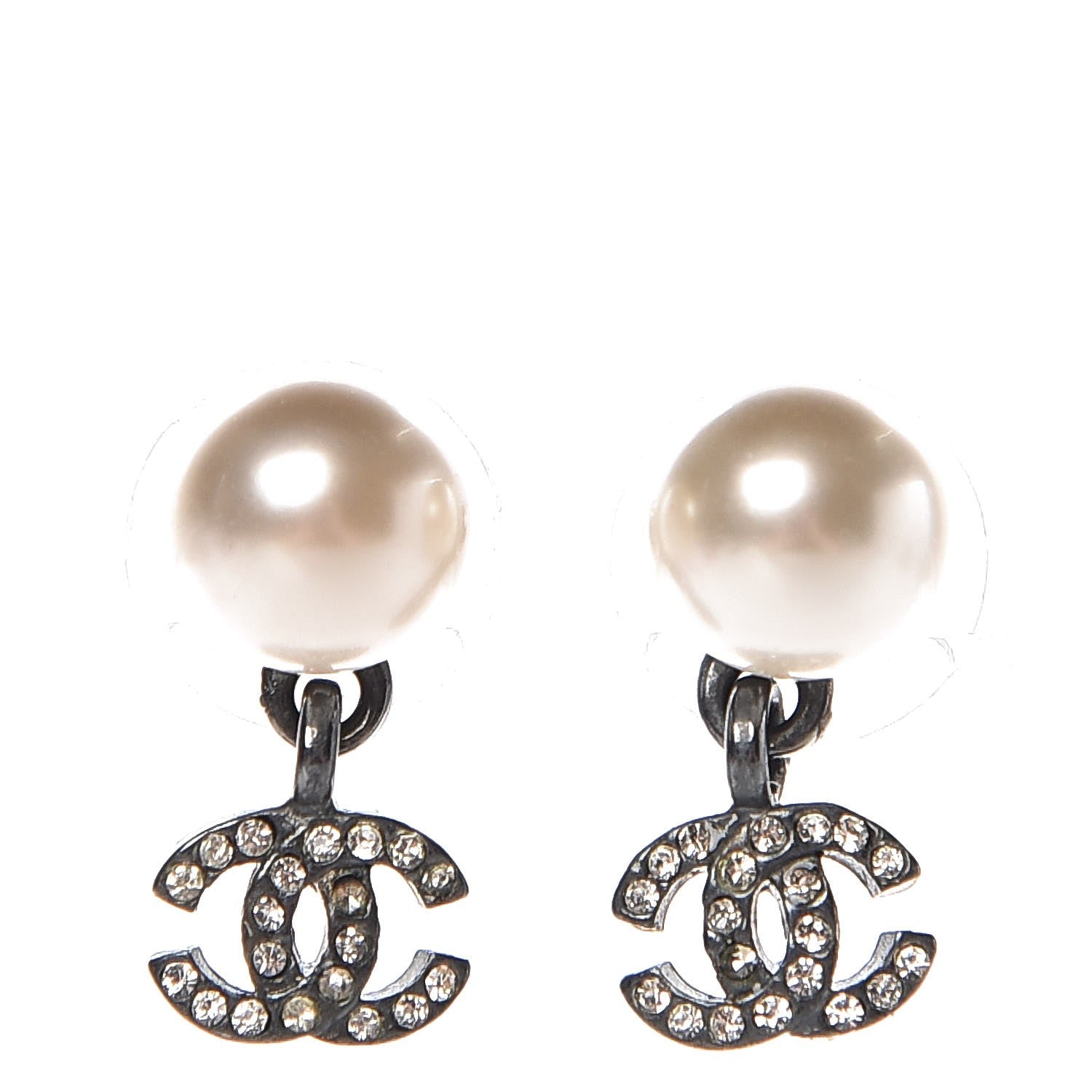 Chanel Ruthenium Crystal Pearl CC Drop Earrings 1 of 5