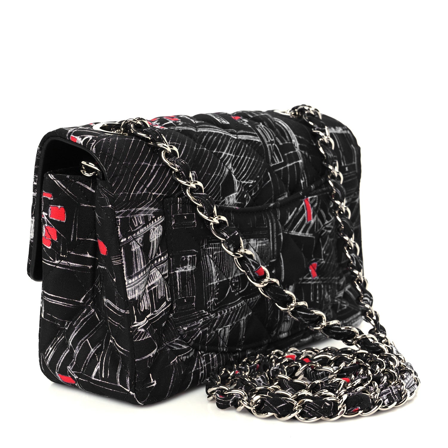 Chanel Fabric Printed Paris Rooftops Quilted Mini Rectangular Flap Black Red White 3 of 11