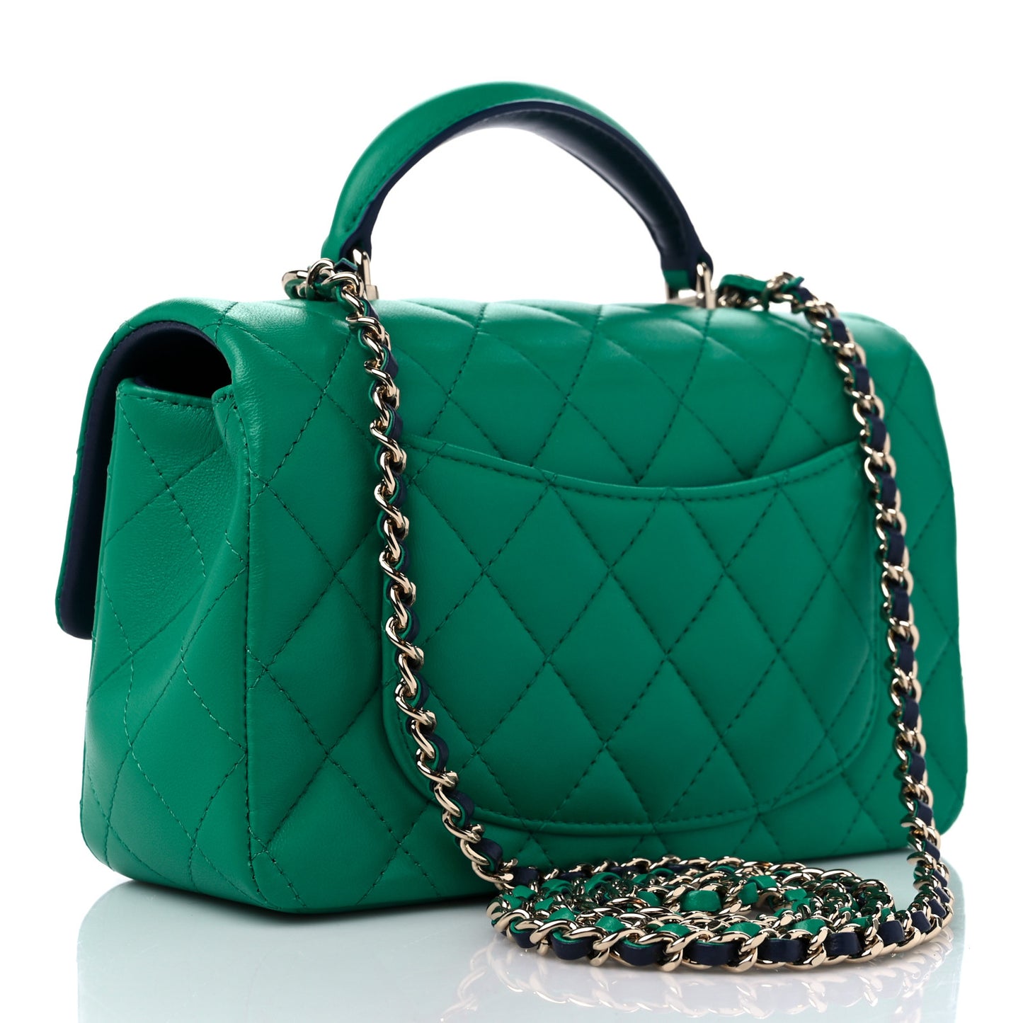 Lambskin Quilted Bi-Color Mini Top Handle Rectangular Flap Green Dark Blue
