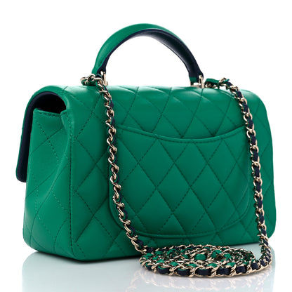 Chanel Lambskin Quilted Bi-Color Mini Top Handle Rectangular Flap Green Dark Blue 3 of 10