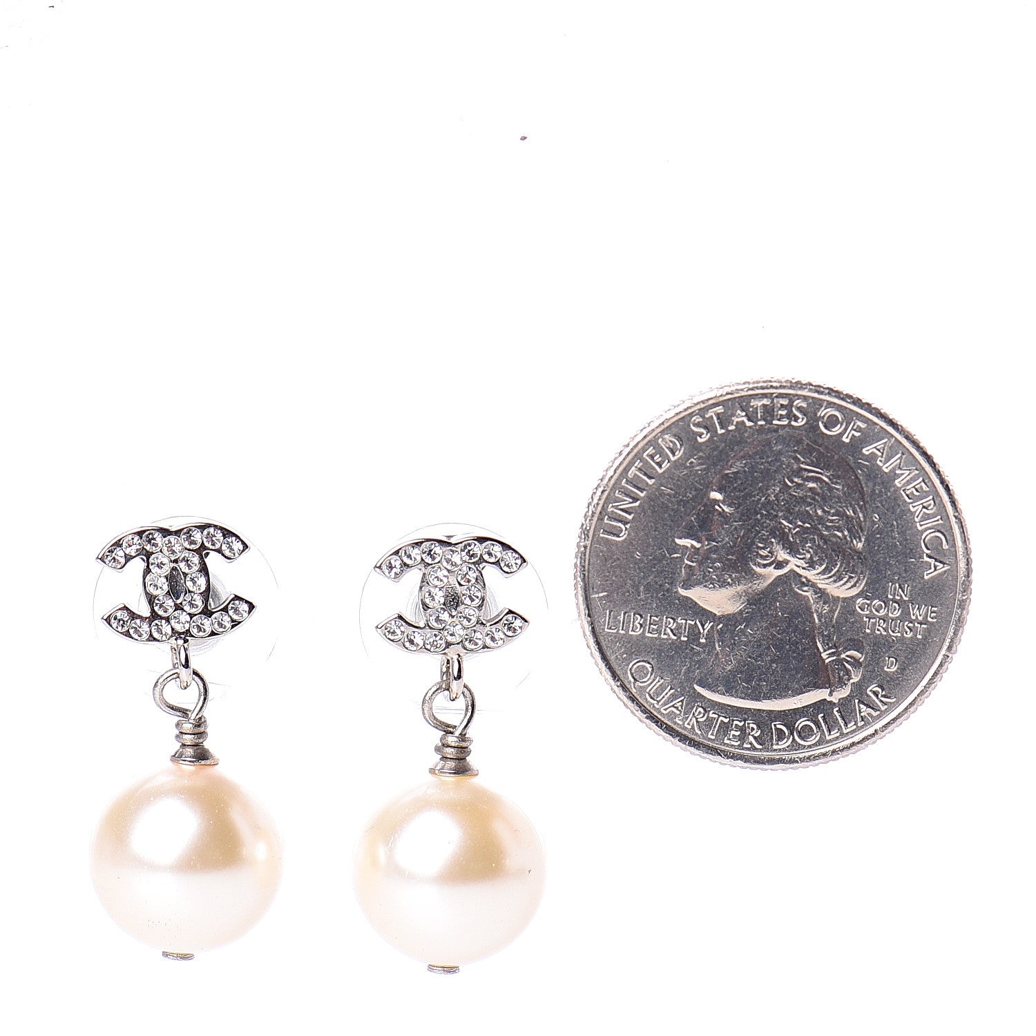 Chanel Crystal Pearl CC Drop Earrings Silver Pearly White 2 of 4