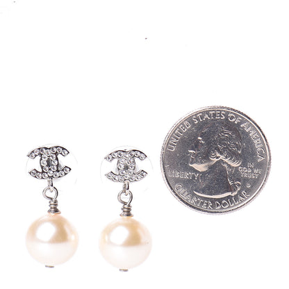 Chanel Crystal Pearl CC Drop Earrings Silver Pearly White 2 of 4