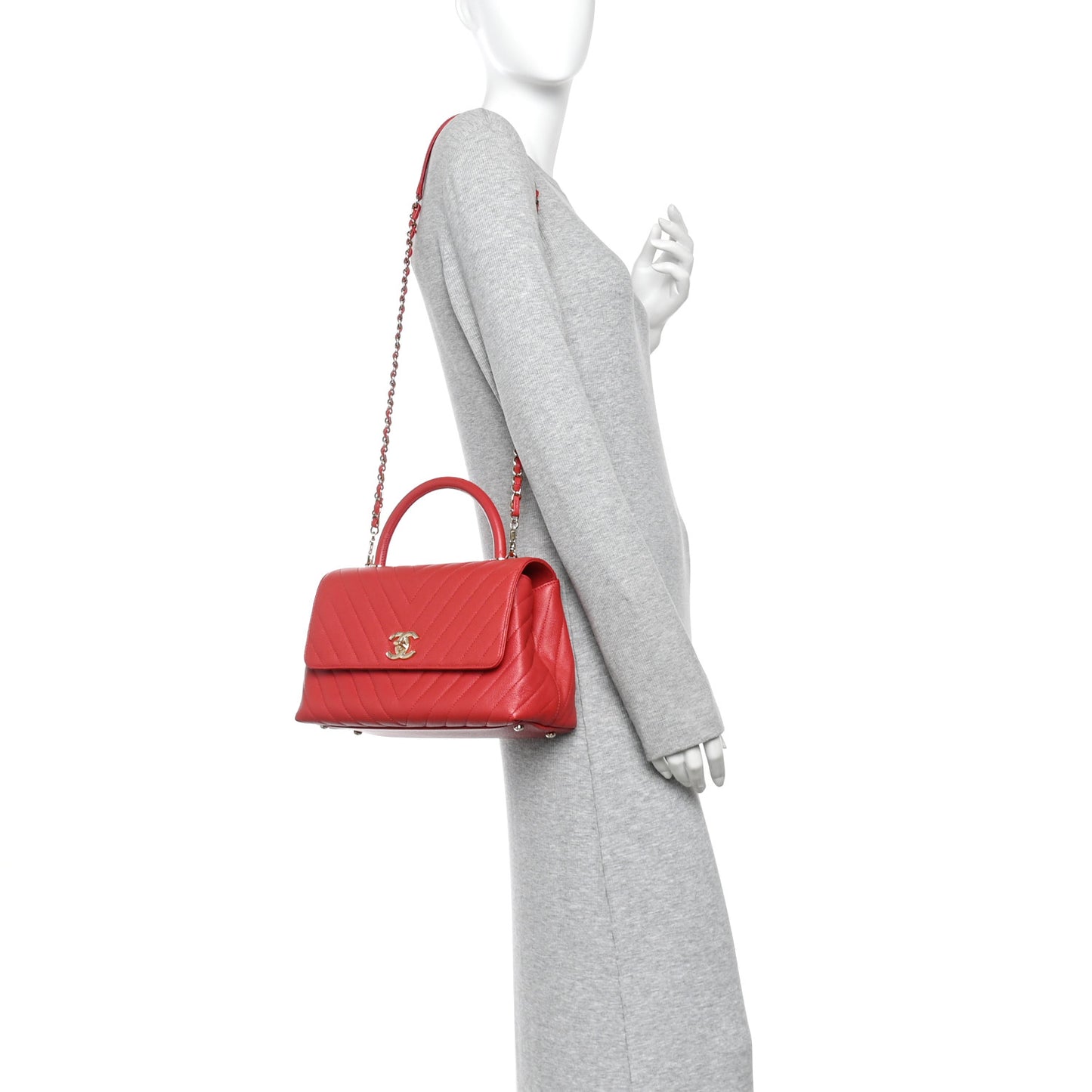 Caviar Chevron Quilted Small Coco Handle Flap Red