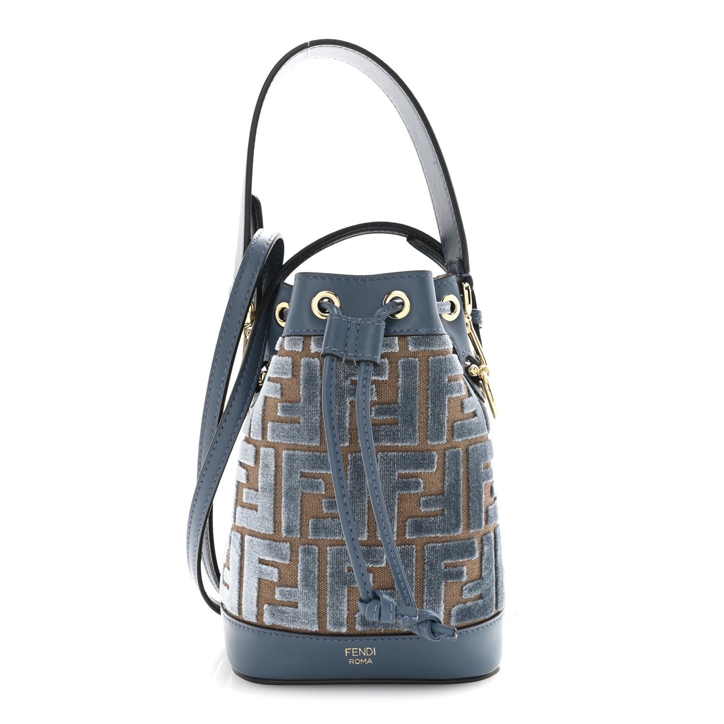 Vitello Grace Velluto FF Mini Mon Tresor Bucket Bag Dusty Blue Brown