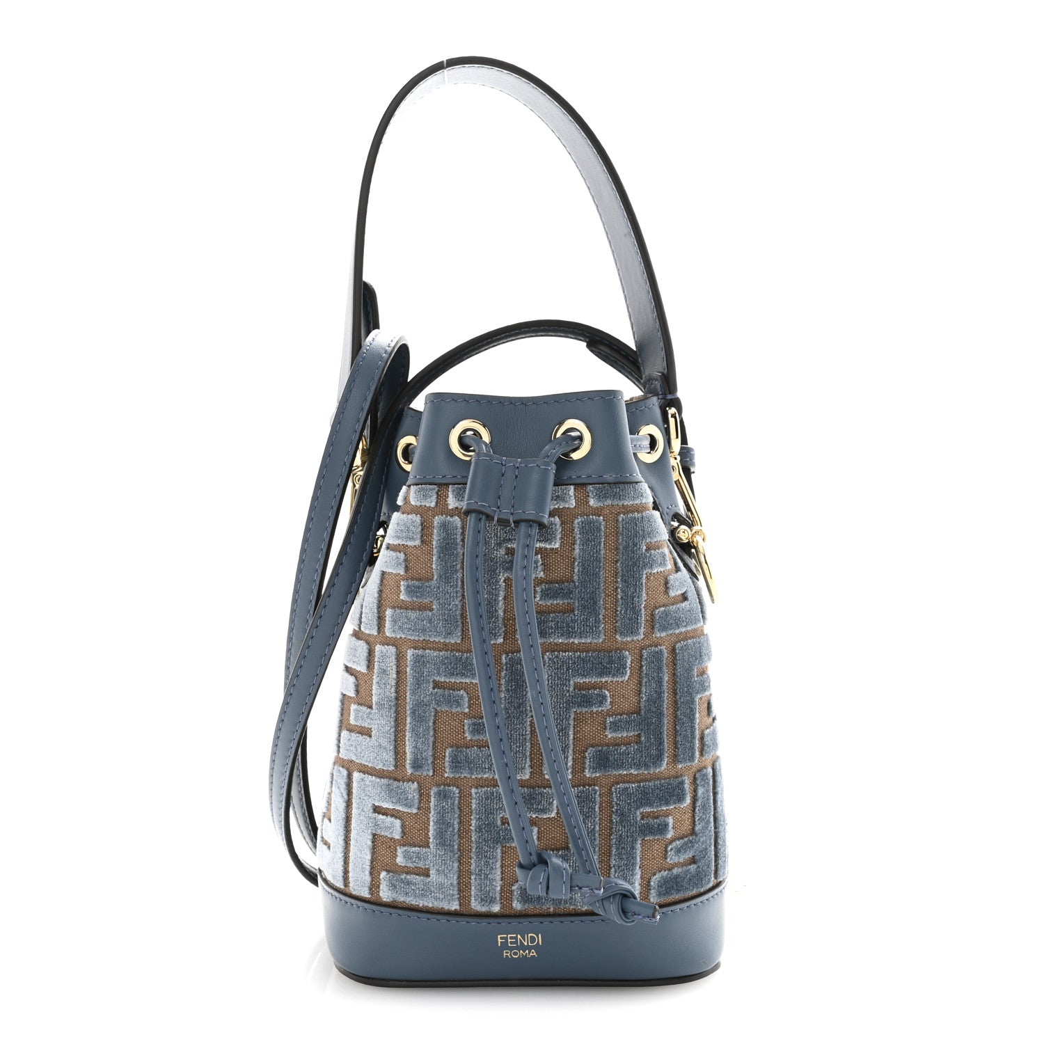 Fendi Vitello Grace Velluto FF Mini Mon Tresor Bucket Bag Dusty Blue Brown 1 of 10